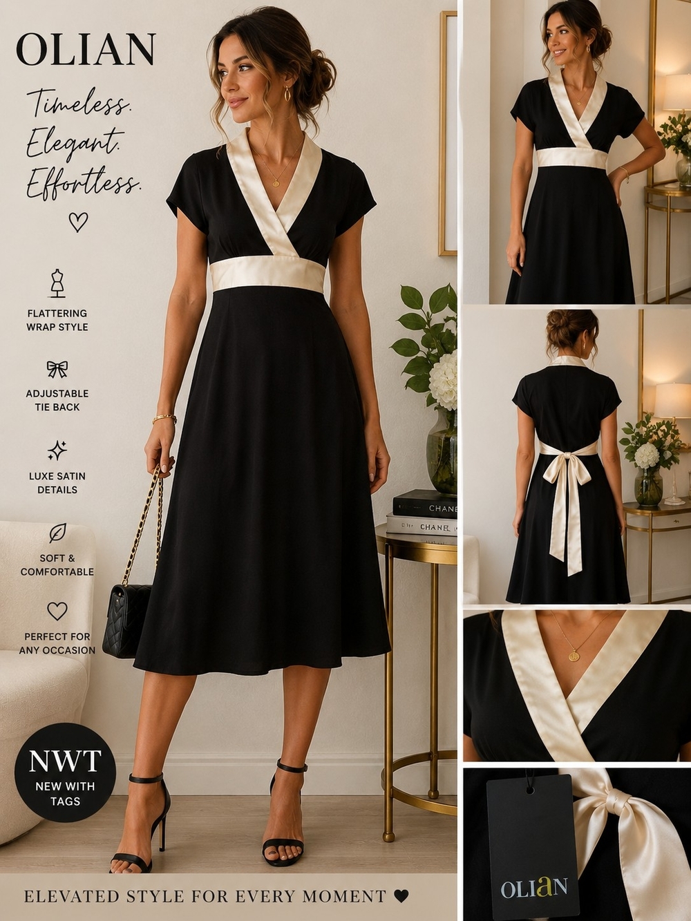 🖤 NWT Olian Black Ivory Wrap Dress ✨ Quiet Luxury Old Money Chic XS Elegant Mid